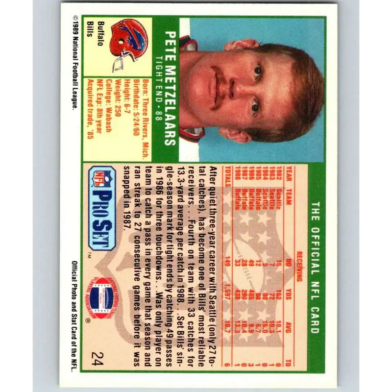 1989 Pro Set #24 Pete Metzelaars NM-MT Buffalo Bills Football Card - Football Card Single
