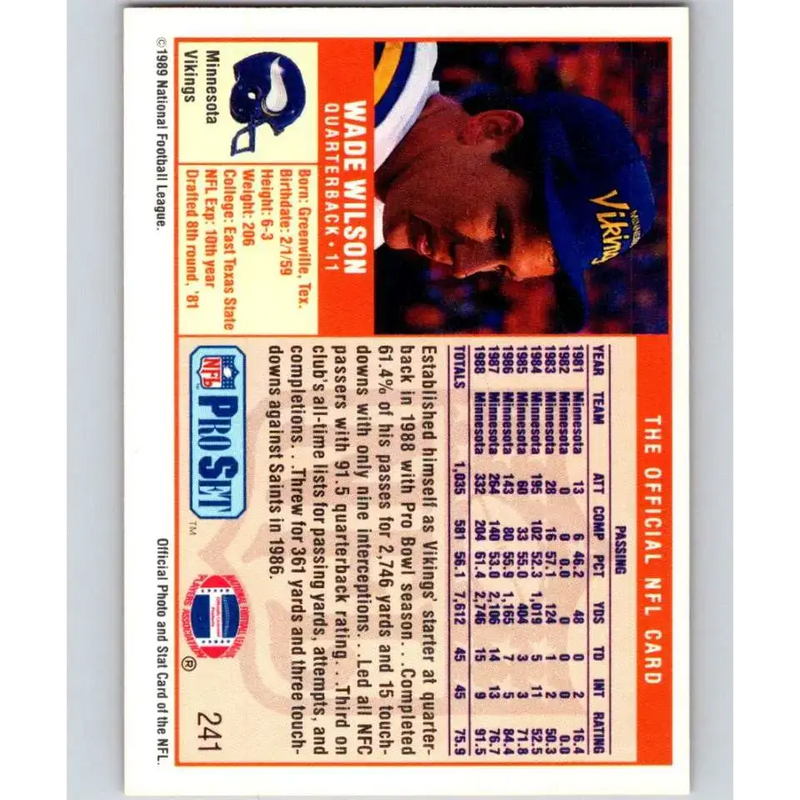 1989 Pro Set #241 Wade Wilson NM-MT Minnesota Vikings Football Card - Football Card Single