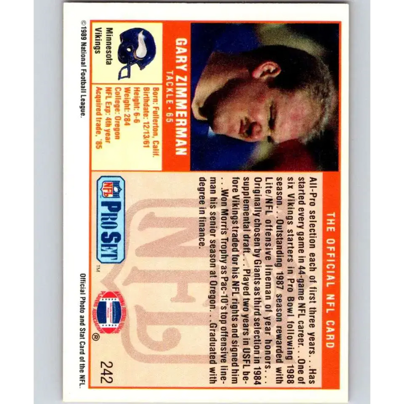 1989 Pro Set #242 Gary Zimmerman NM-MT Minnesota Vikings Football Card - Football Card Single