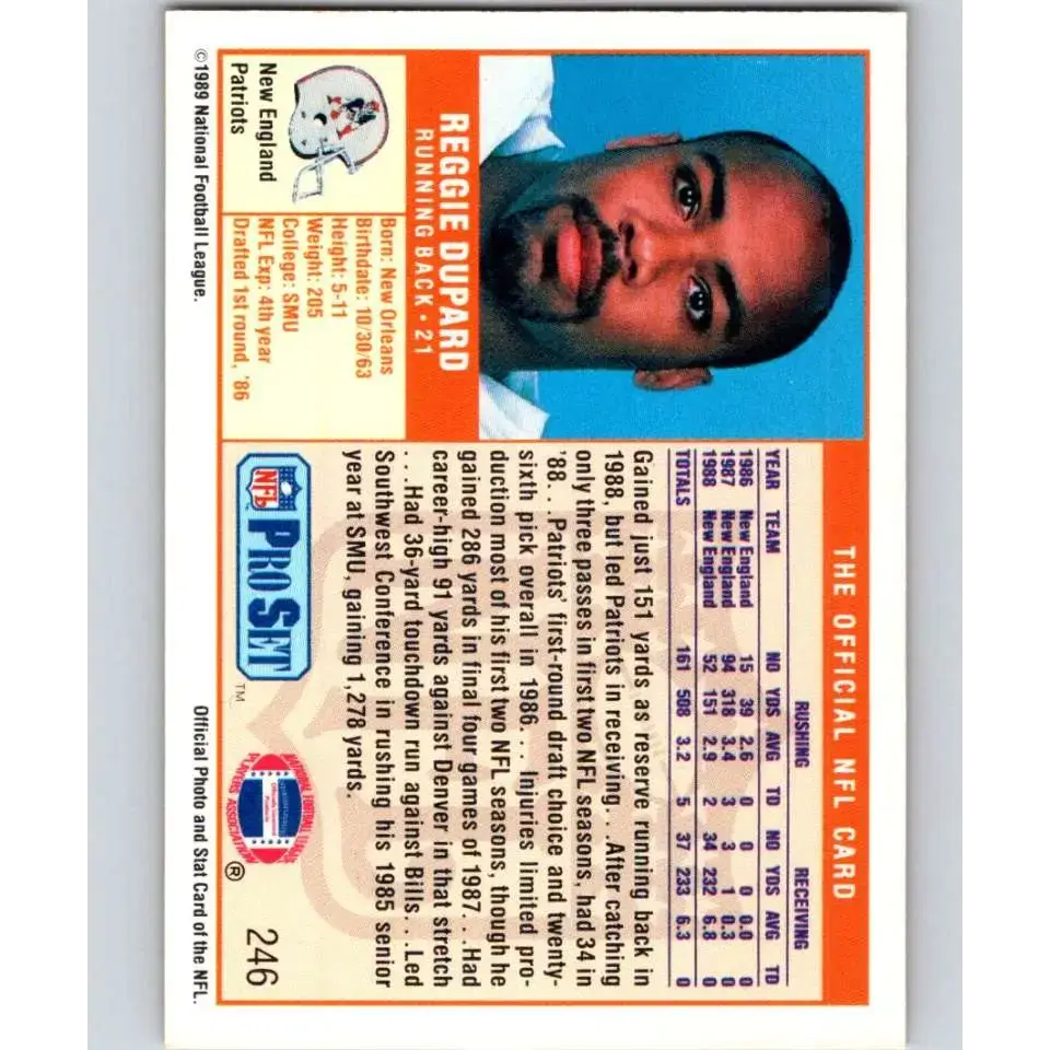 1989 Pro Set #246 Reggie Dupard NM-MT New England Patriots Football Card - Football Card Single
