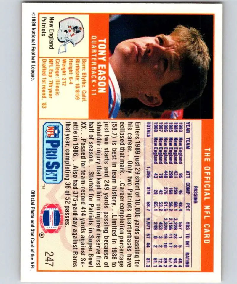 1989 Pro Set #247 Tony Eason EX Excellent New England Patriots Football Card - Football Card Single