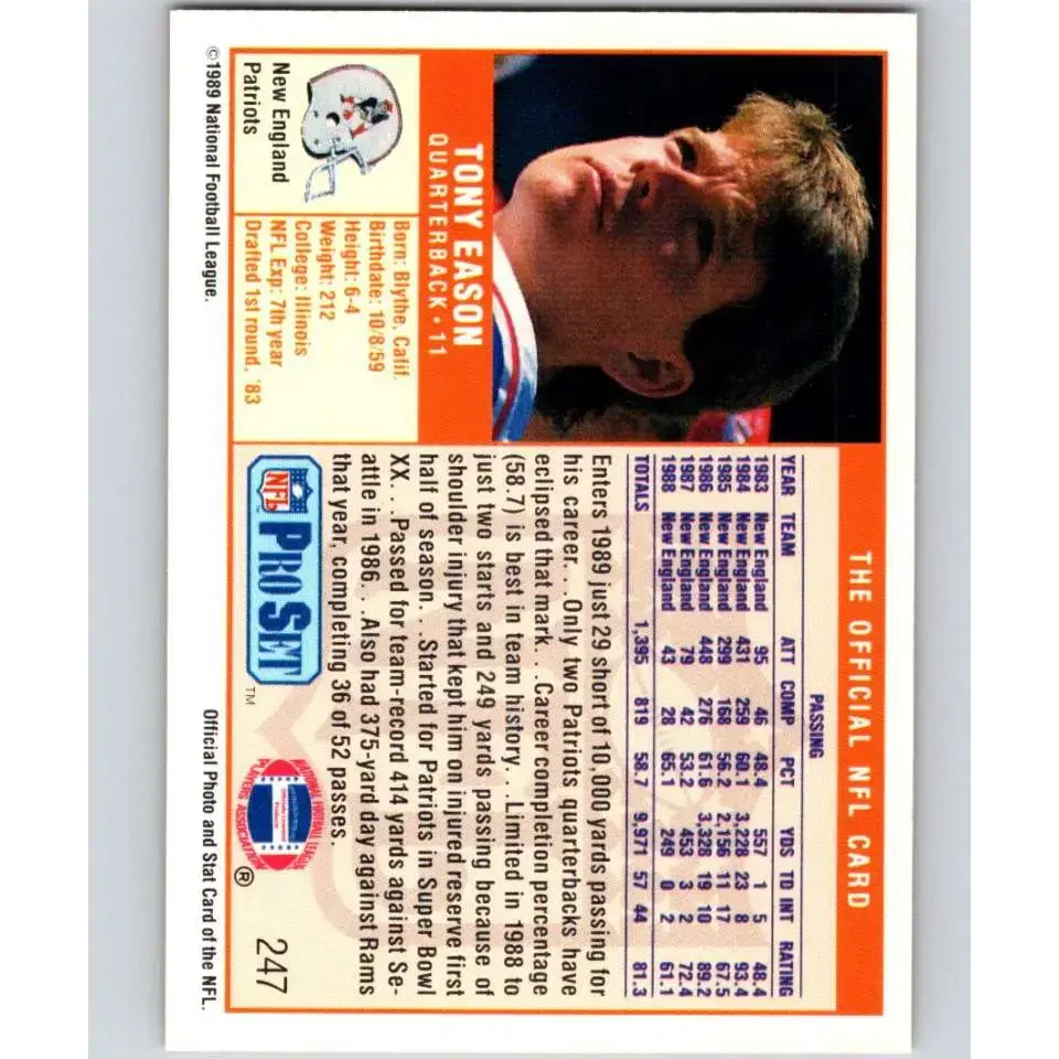 1989 Pro Set #247 Tony Eason NM-MT New England Patriots Football Card - Football Card Single