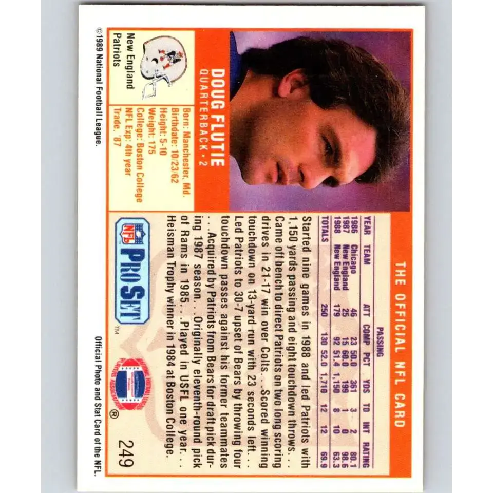 1989 Pro Set #249 Doug Flutie NM-MT New England Patriots Football Card - Football Card Single