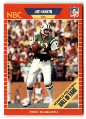 Joe Namath football trading card from 1989 Pro Set featuring Joe Namath announcer