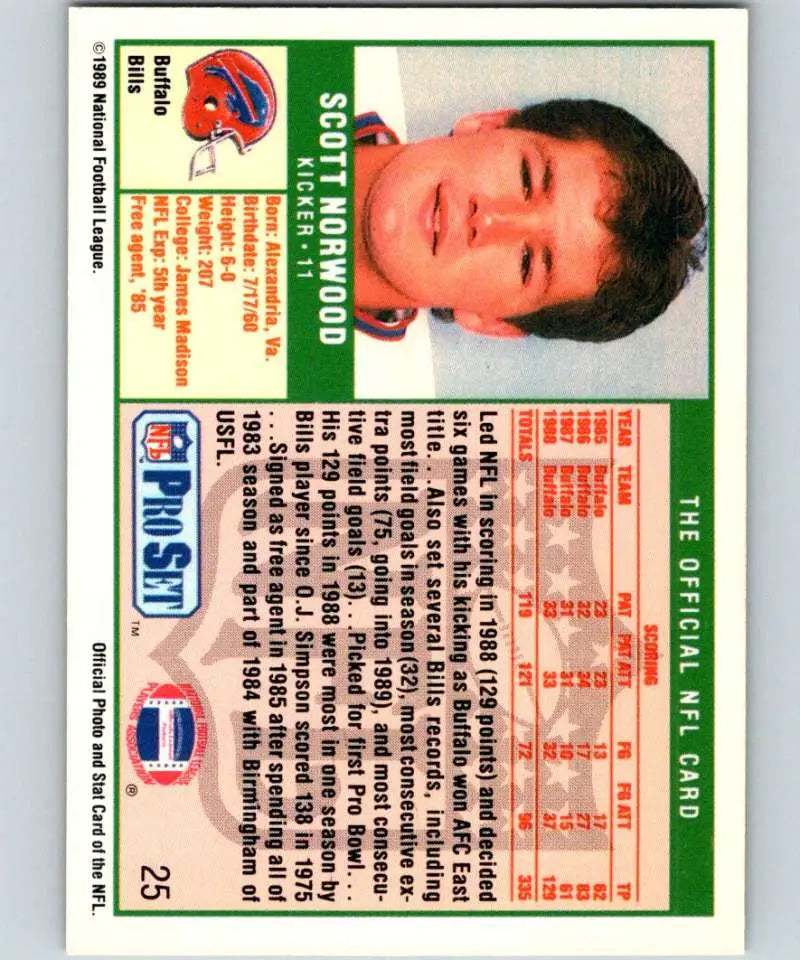 1989 Pro Set #25 Scott Norwood EX Excellent RC Rookie Buffalo Bills Football Card - Football Card Single