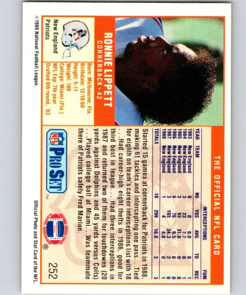 1989 Pro Set #252 Ronnie Lippett EX Excellent New England Patriots Football Card - Football Card Single