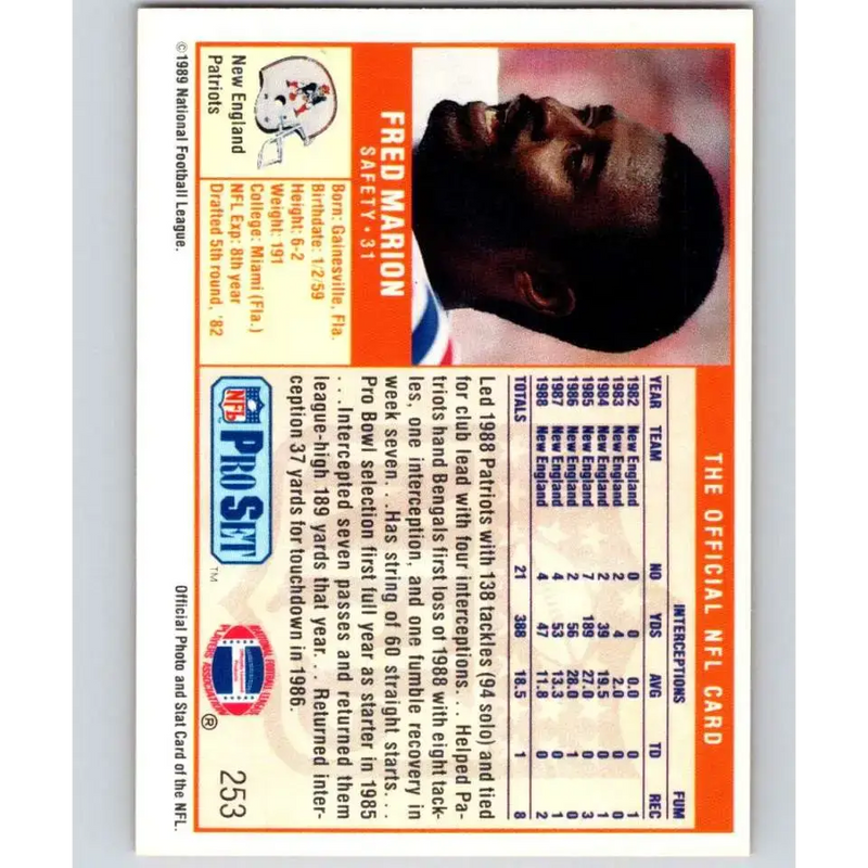1989 Pro Set #253 Fred Marion NM-MT New England Patriots Football Card - Football Card Single