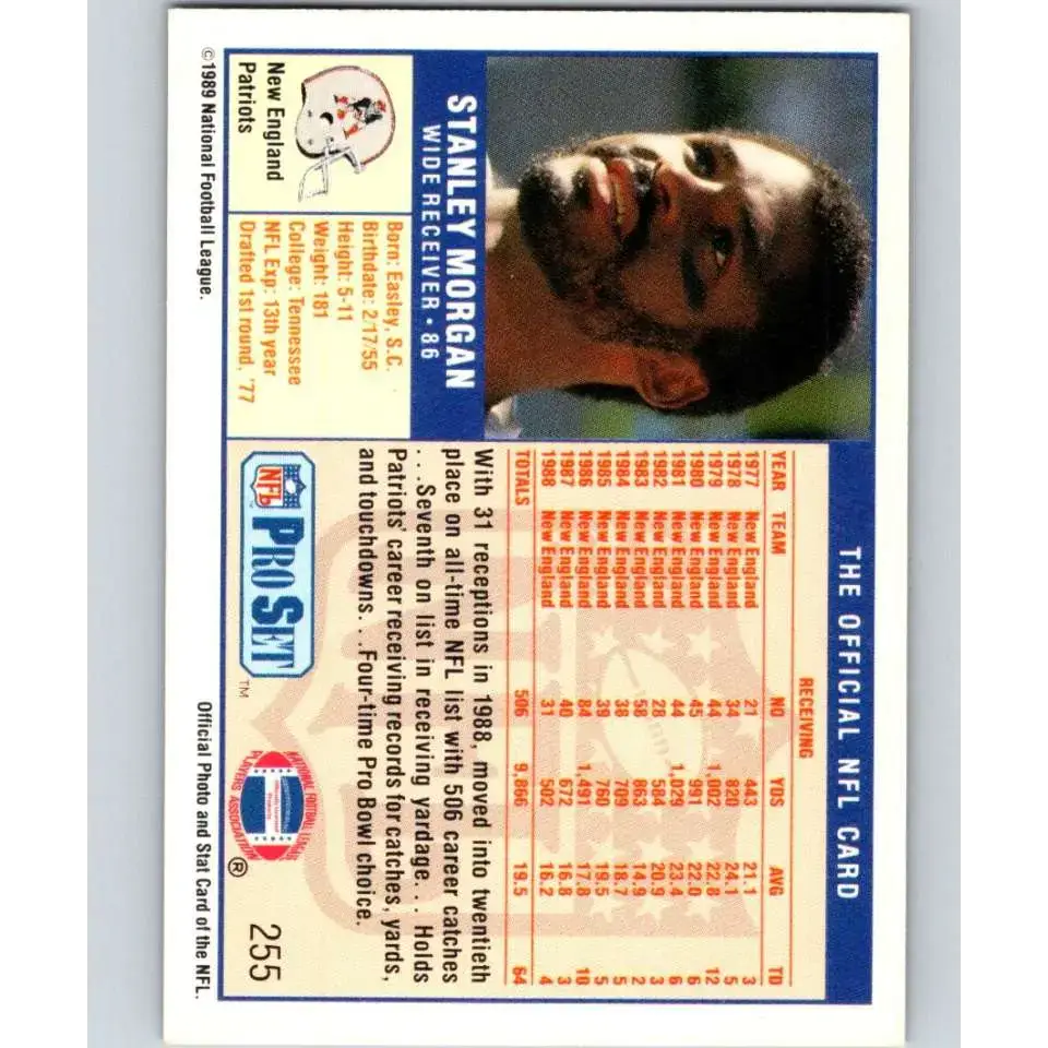 1989 Pro Set #255 Stanley Morgan NM-MT New England Patriots Football Card - Football Card Single