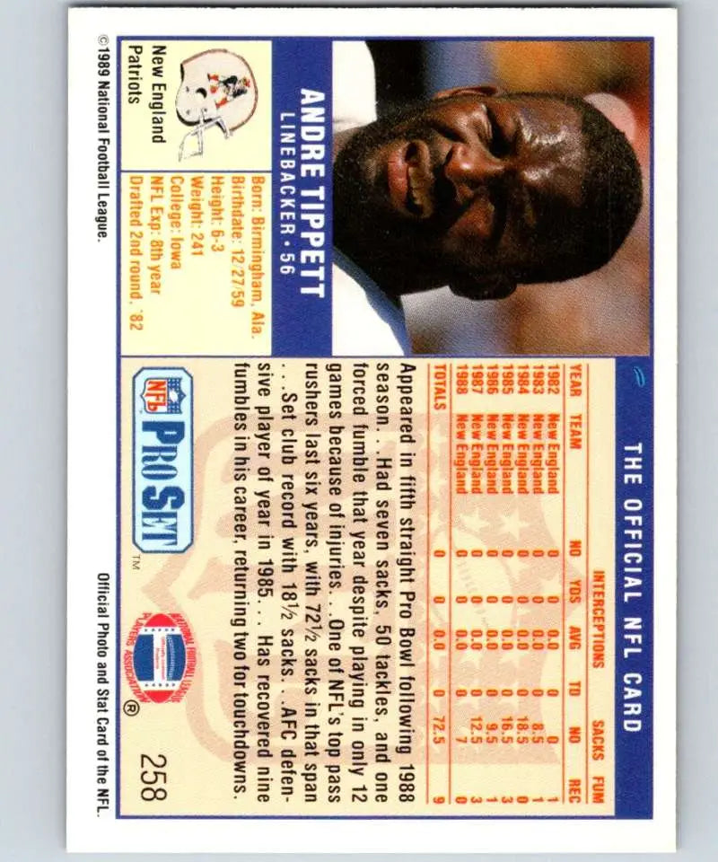 1989 Pro Set #258 Andre Tippett EX Excellent New England Patriots Football Card - Football Card Single