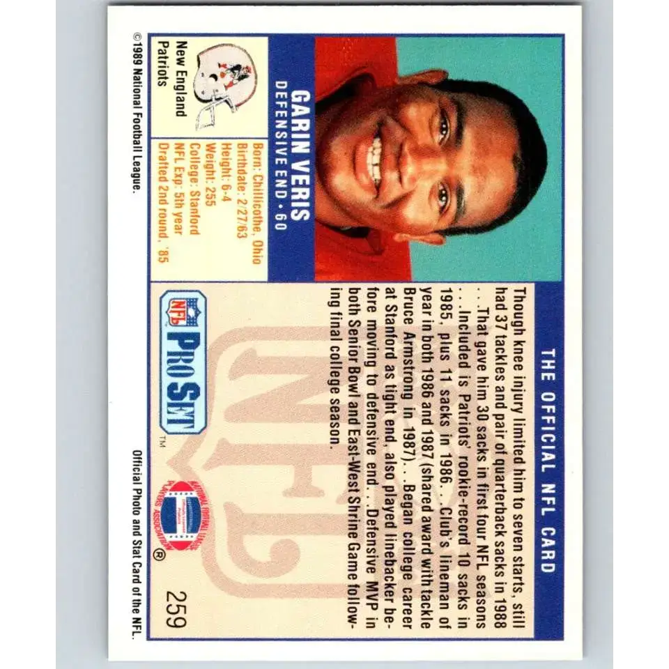 1989 Pro Set #259 Garin Veris NM-MT New England Patriots Football Card - Football Card Single