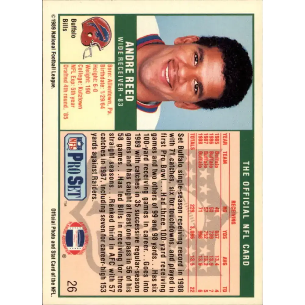 1989 Pro Set #26 Andre Reed NM-MT Buffalo Bills Football Card - Football Card Single