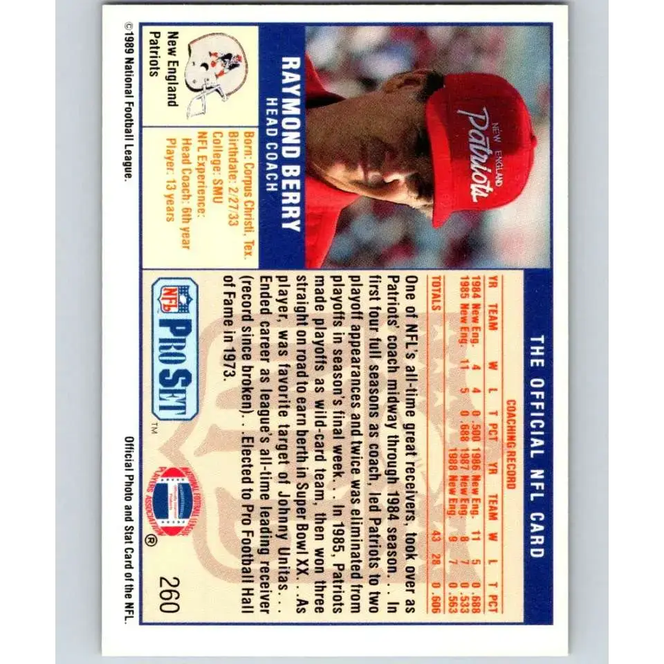 1989 Pro Set #260a Raymond Berry CO NM-MT New England Patriots Football Card