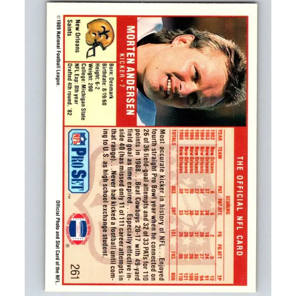 1989 Pro Set #261 Morten Andersen NM-MT New Orleans Saints Football Card - Football Card Single