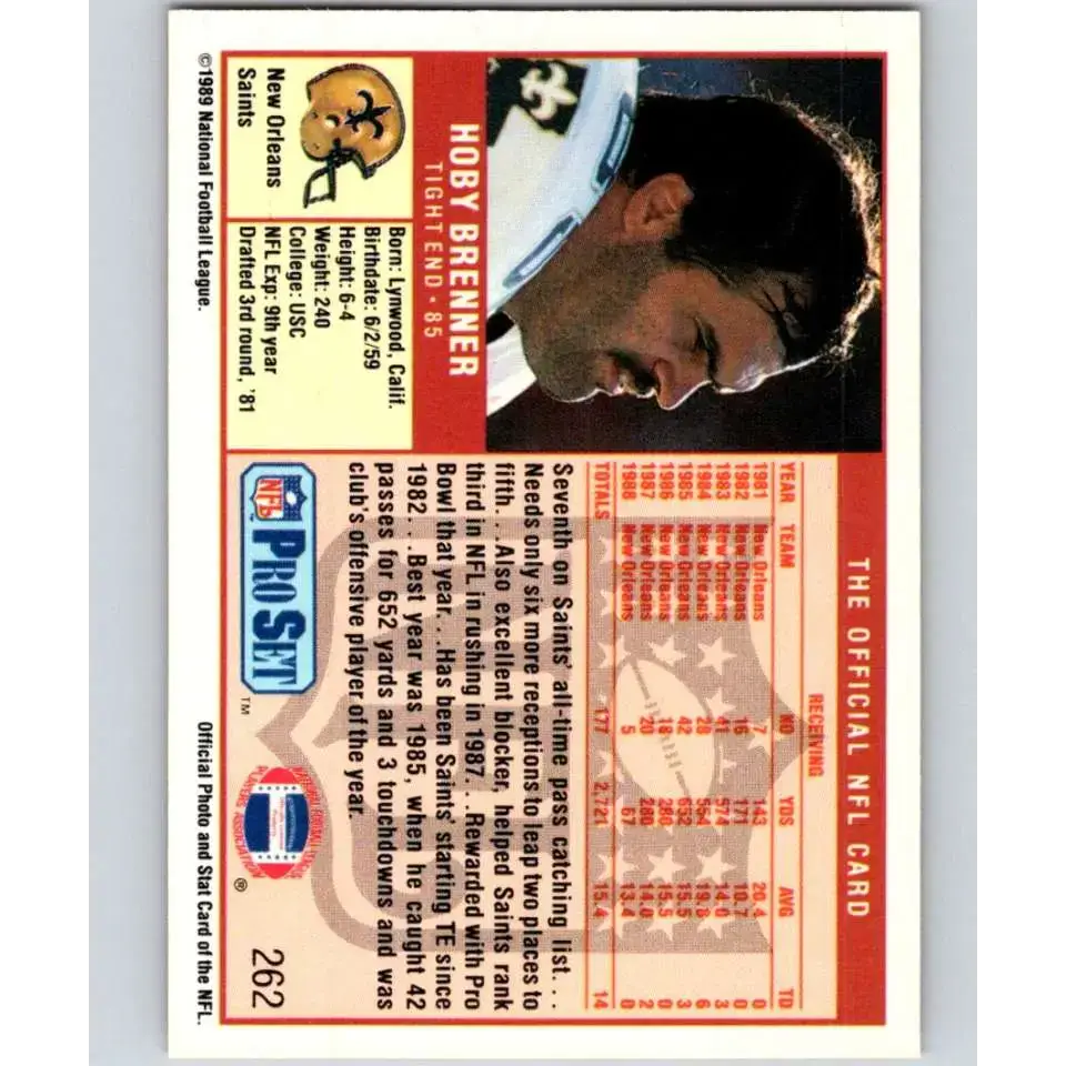 1989 Pro Set #262 Hoby Brenner NM-MT New Orleans Saints Football Card - Football Card Single
