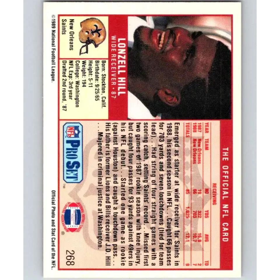 1989 Pro Set #268 Lonzell Hill NM-MT New Orleans Saints Football Card - Football Card Single