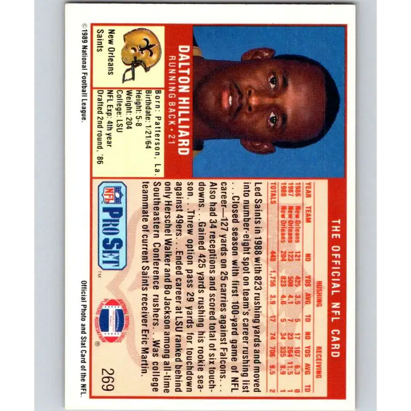 1989 Pro Set #269 Dalton Hilliard NM-MT New Orleans Saints Football Card - Football Card Single