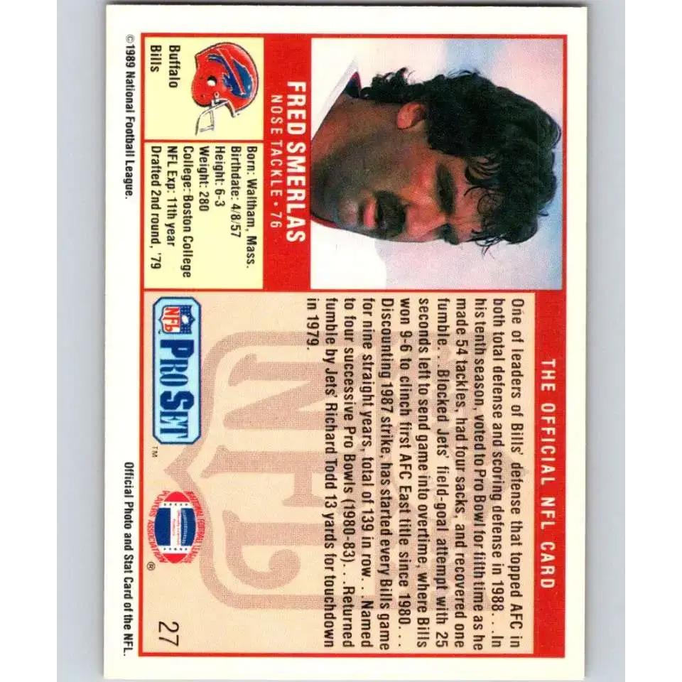 1989 Pro Set #27 Fred Smerlas NM-MT Buffalo Bills Football Card