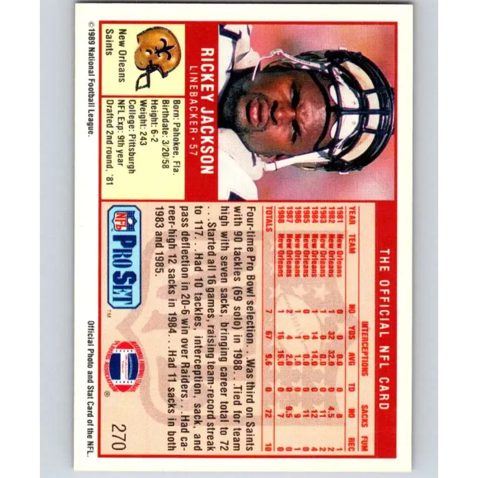 1989 Pro Set #270 Rickey Jackson NM-MT New Orleans Saints Football Card - Football Card Single