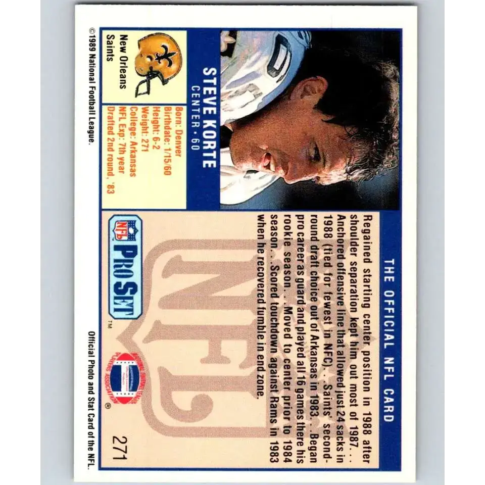 1989 Pro Set #271 Steve Korte NM-MT New Orleans Saints Football Card - Football Card Single