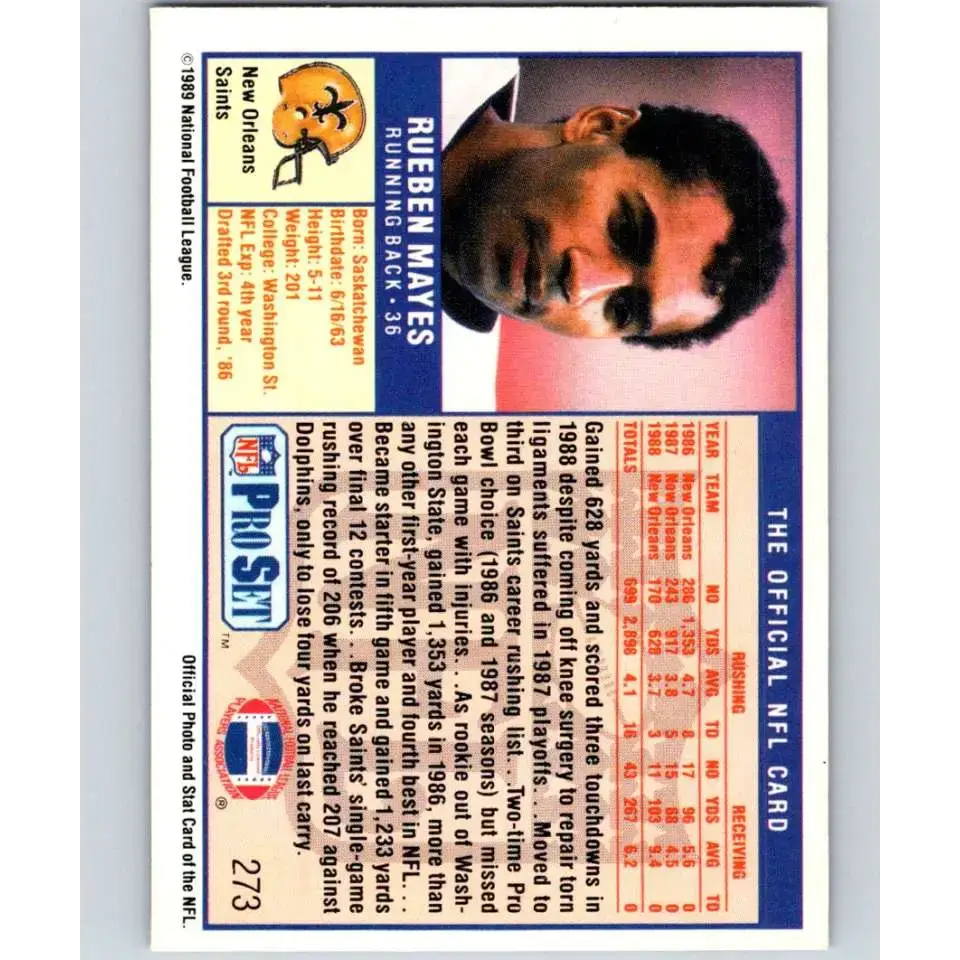 1989 Pro Set #273 Rueben Mayes NM-MT New Orleans Saints Football Card - Football Card Single