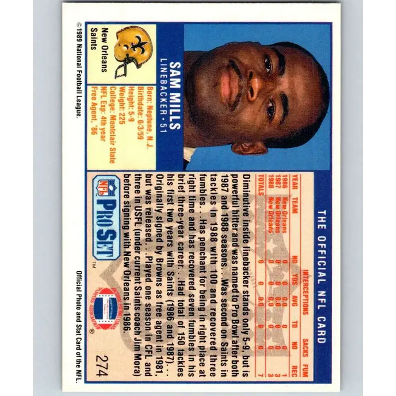 1989 Pro Set #274 Sam Mills NM-MT New Orleans Saints Football Card - Football Card Single