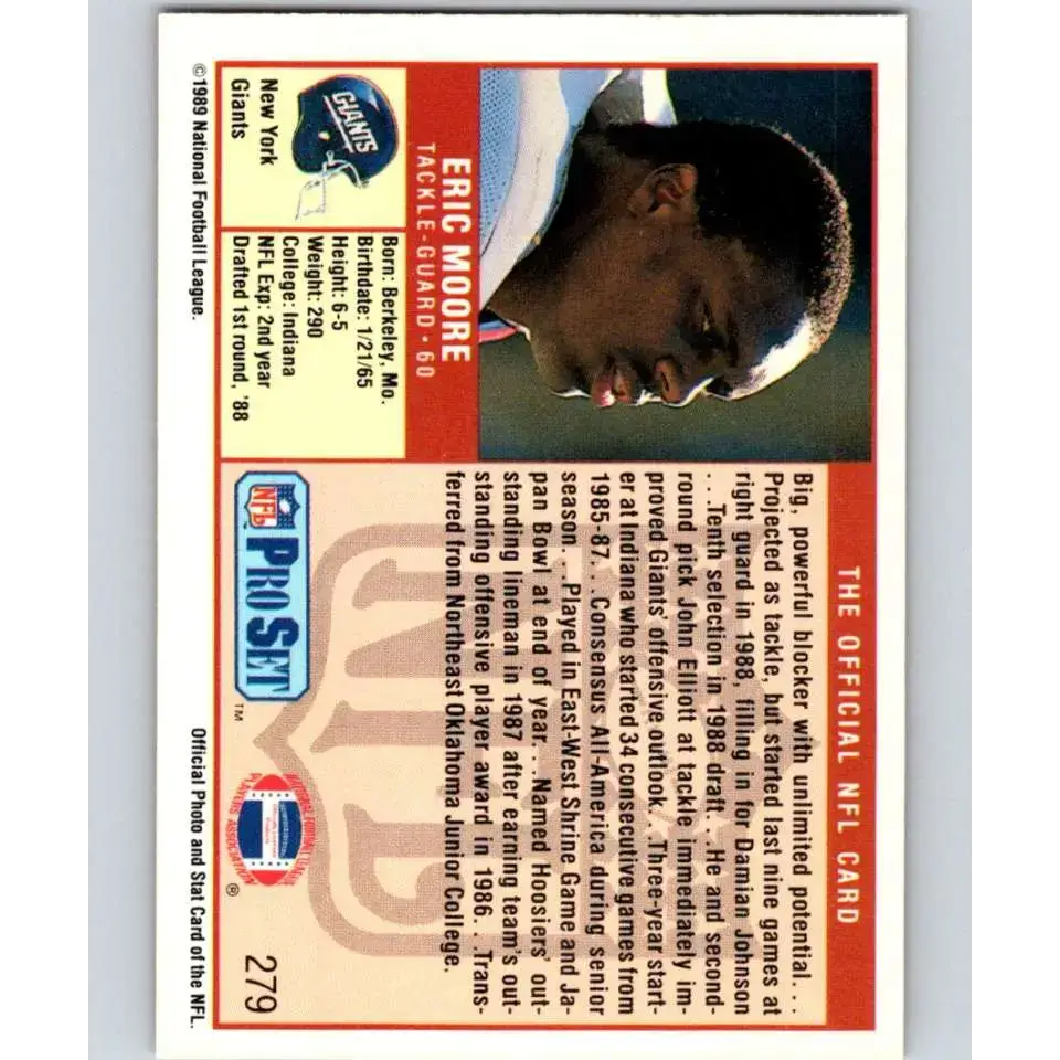 1989 Pro Set #279 Eric Moore NM-MT RC Rookie New York Giants Football Card