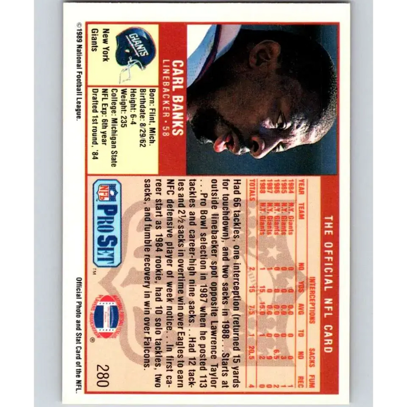 1989 Pro Set #280 Carl Banks NM-MT New York Giants Football Card - Football Card Single