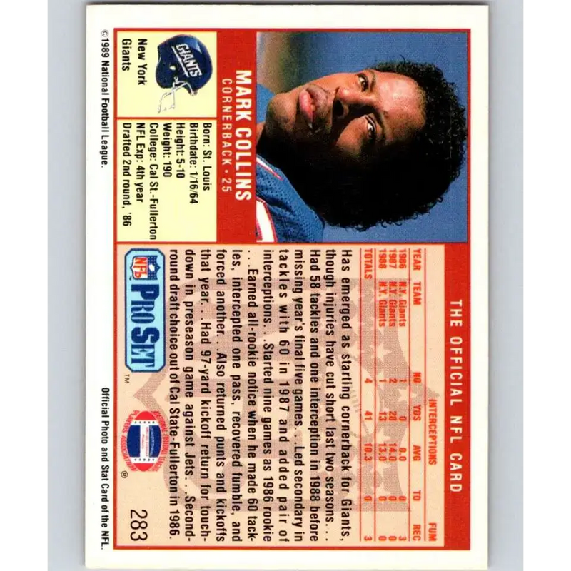1989 Pro Set #283 Mark Collins NM-MT RC Rookie New York Giants Football Card - Football Card Single