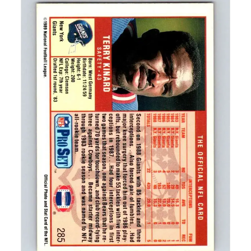 1989 Pro Set #285 Terry Kinard NM-MT New York Giants Football Card - Football Card Single