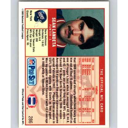 1989 Pro Set #286 Sean Landeta NM-MT New York Giants Football Card