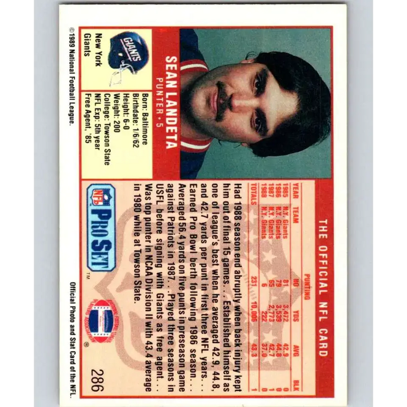 1989 Pro Set #286 Sean Landeta NM-MT New York Giants Football Card - Football Card Single
