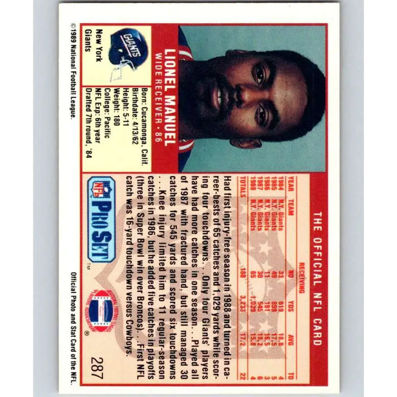 1989 Pro Set #287 Lionel Manuel NM-MT New York Giants Football Card - Football Card Single