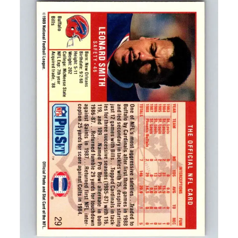 1989 Pro Set #29 Leonard Smith NM-MT Buffalo Bills Football Card - Football Card Single
