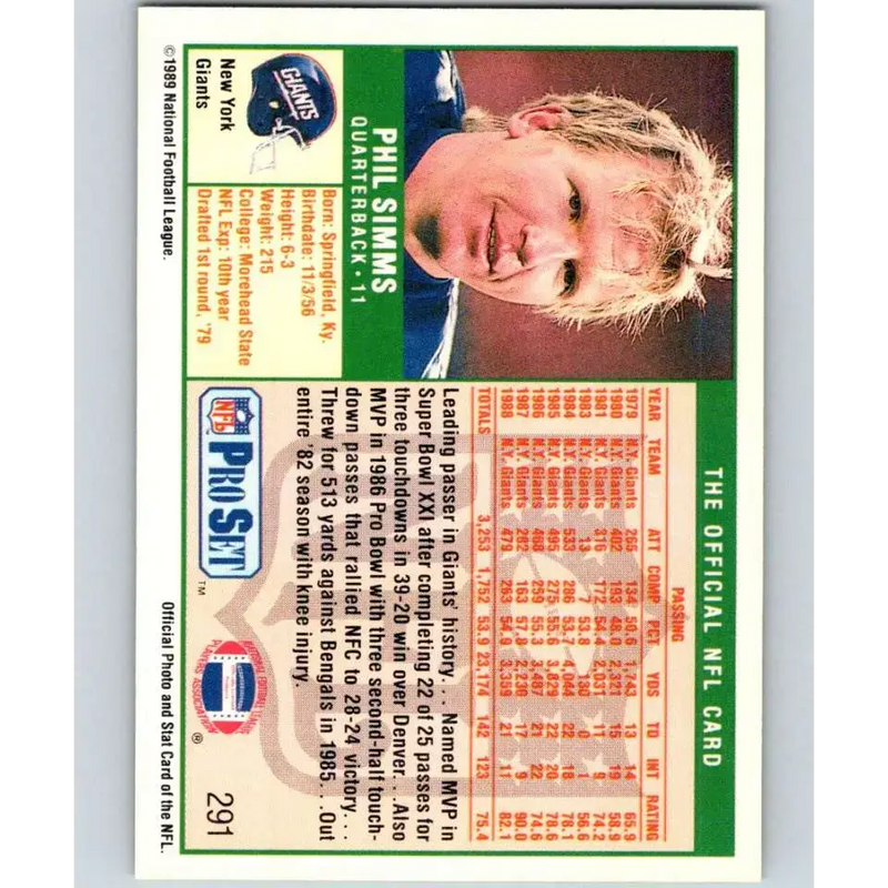 1989 Pro Set #291 Phil Simms NM-MT New York Giants Football Card - Football Card Single