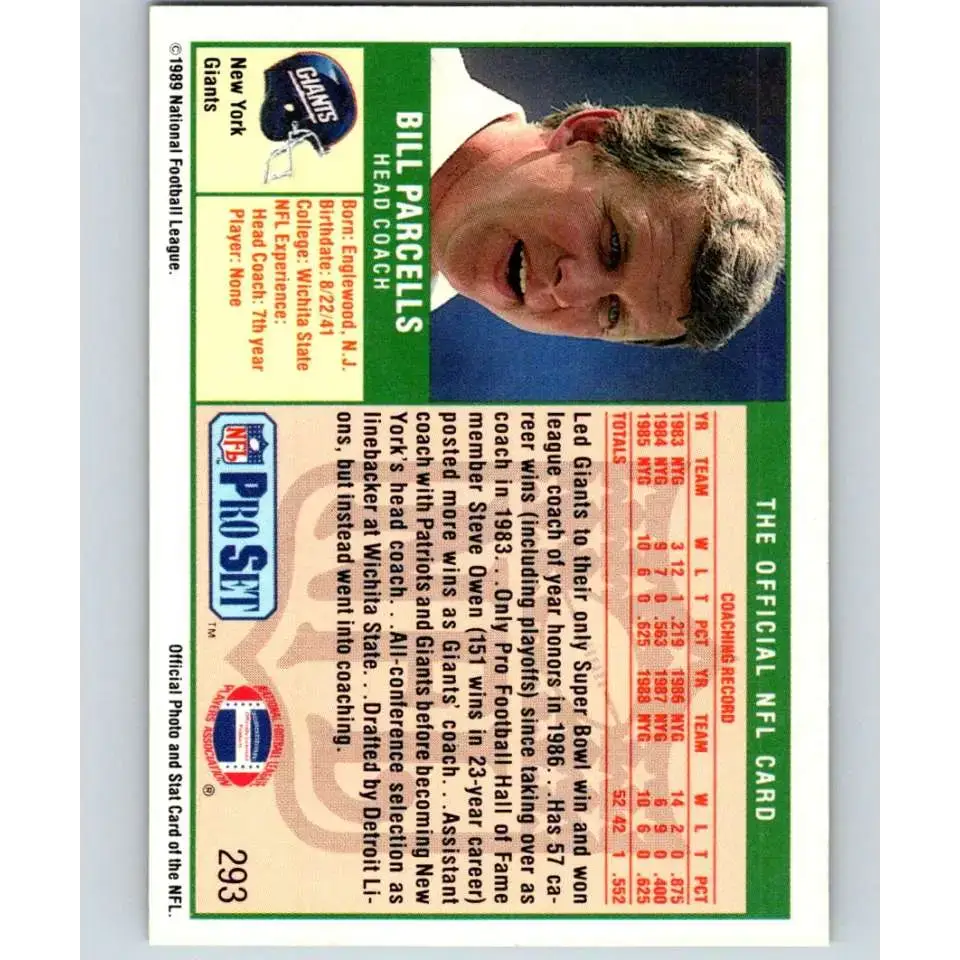 1989 Pro Set #293 Bill Parcells/ NM-MT RC Rookie New York Giants Football Card