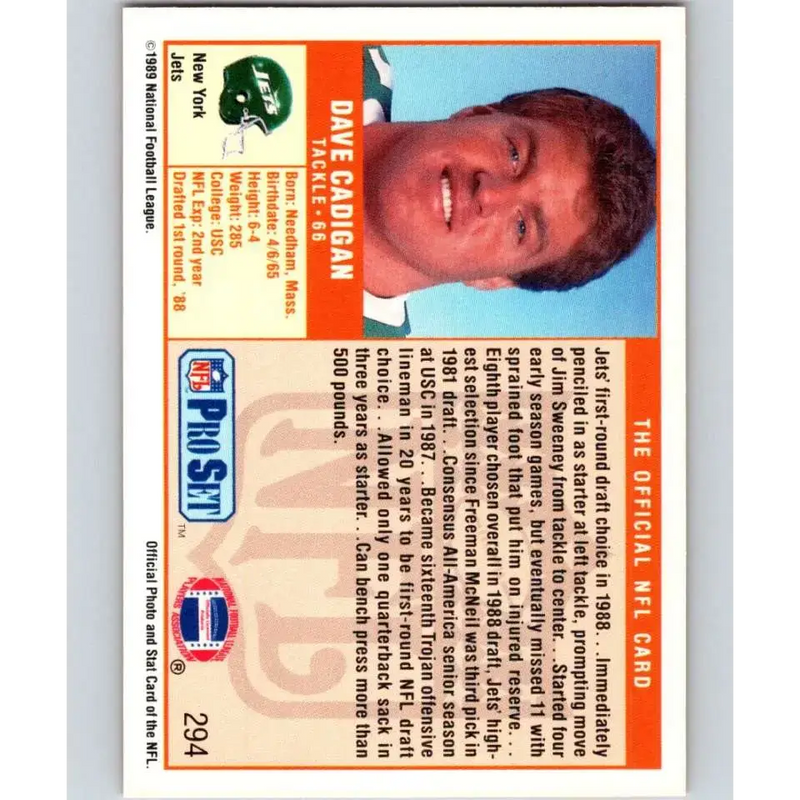 1989 Pro Set #294 Dave Cadigan NM-MT New York Jets Football Card - Football Card Single