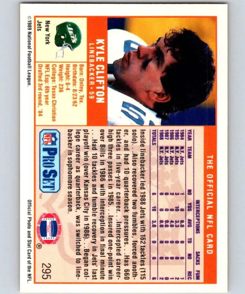 1989 Pro Set #295 Kyle Clifton EX Excellent RC Rookie New York Jets Football Card - Football Card Single