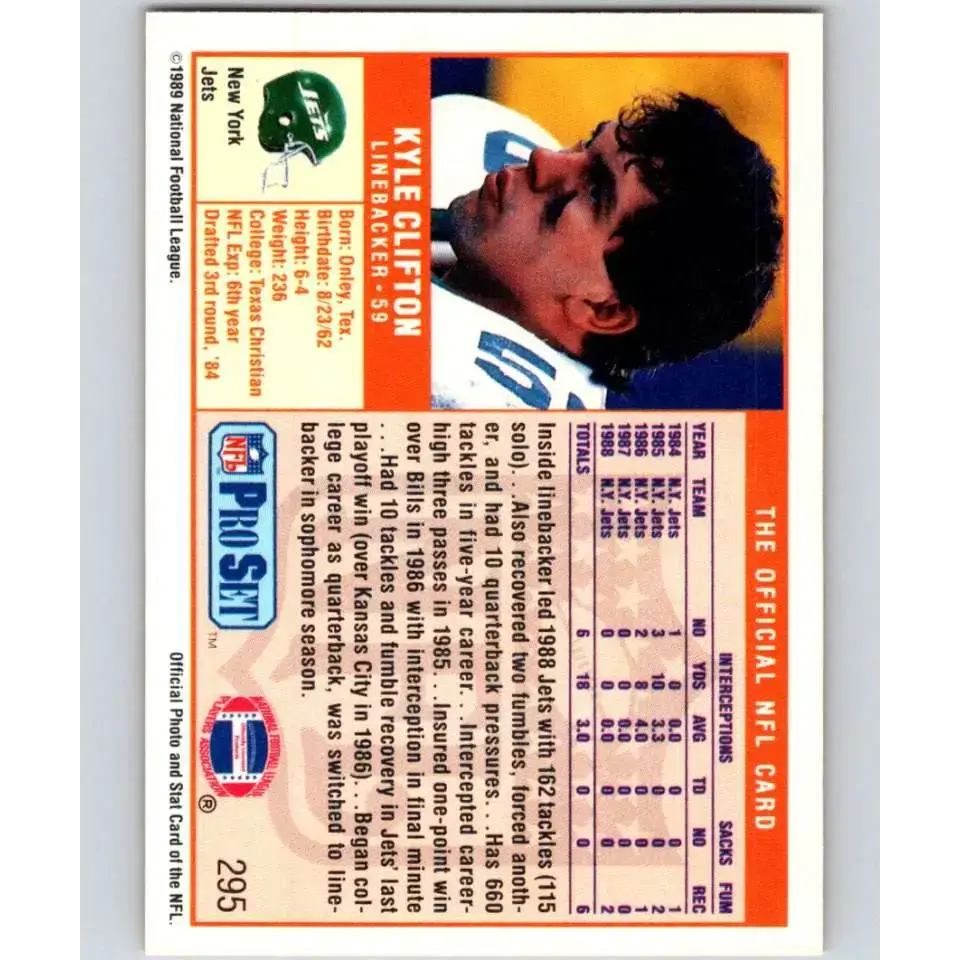 1989 Pro Set #295 Kyle Clifton NM-MT RC Rookie New York Jets Football Card - Football Card Single