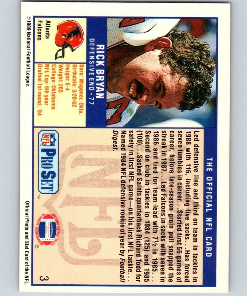 1989 Pro Set #3 Rick Bryan EX Excellent Atlanta Falcons Football Card - Football Card Single