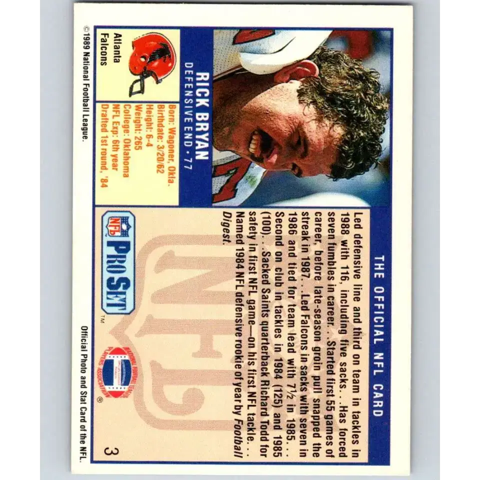 1989 Pro Set #3 Rick Bryan NM-MT Atlanta Falcons Football Card - Football Card Single