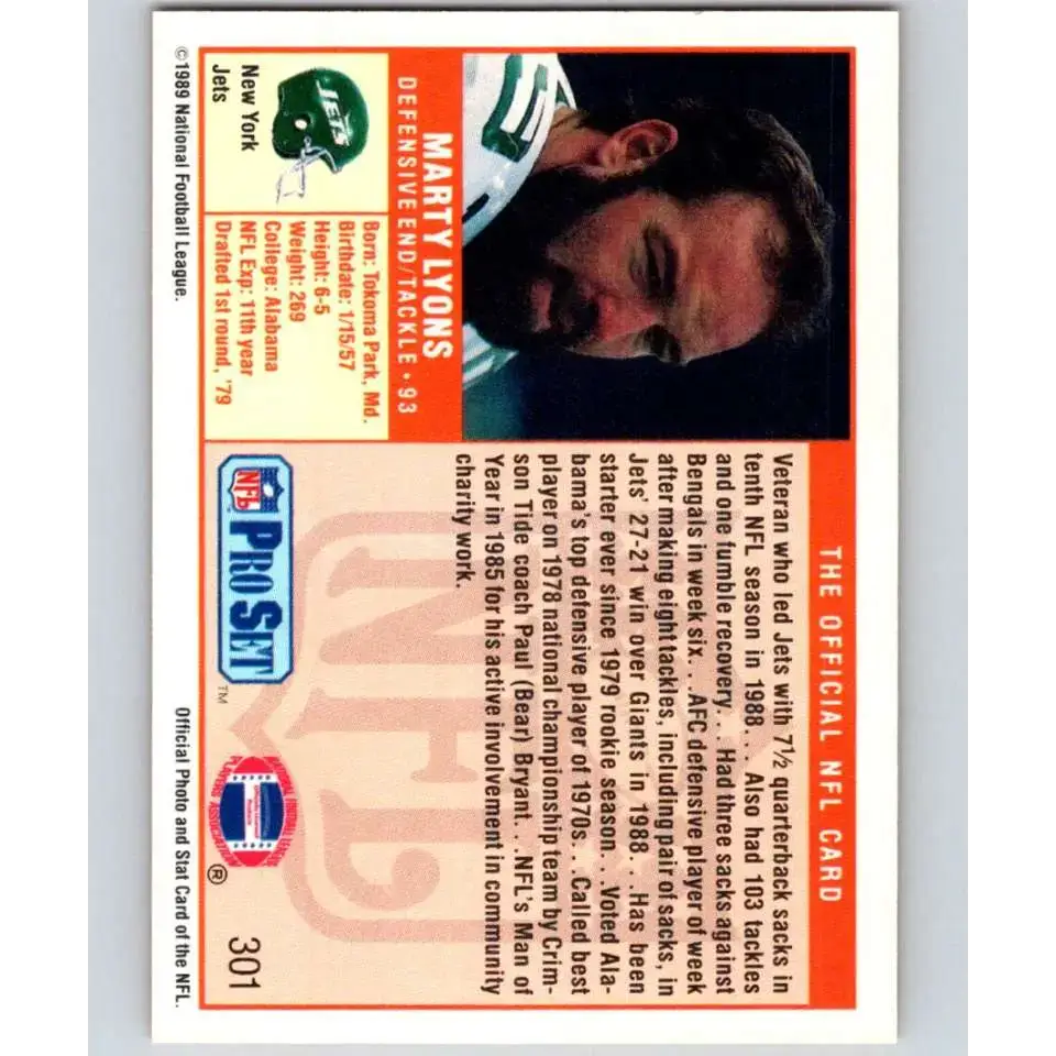 1989 Pro Set #301 Marty Lyons NM-MT New York Jets Football Card - Football Card Single
