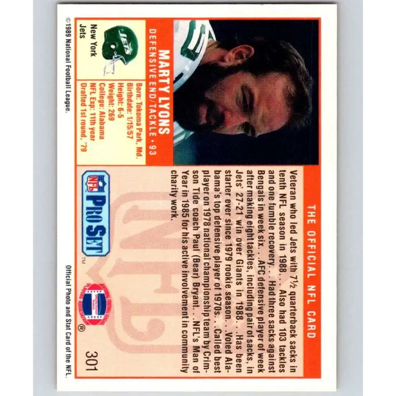 1989 Pro Set #301 Marty Lyons NM-MT New York Jets Football Card - Football Card Single