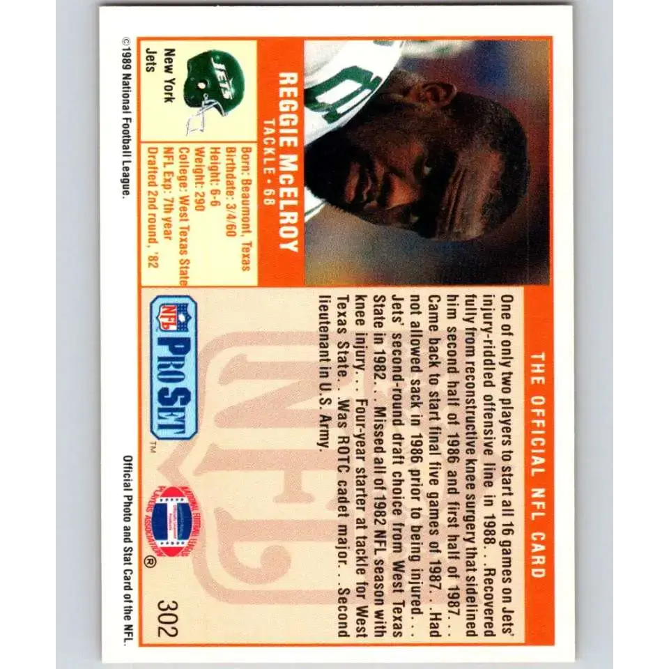 1989 Pro Set #302 Reggie McElroy NM-MT RC Rookie New York Jets Football Card