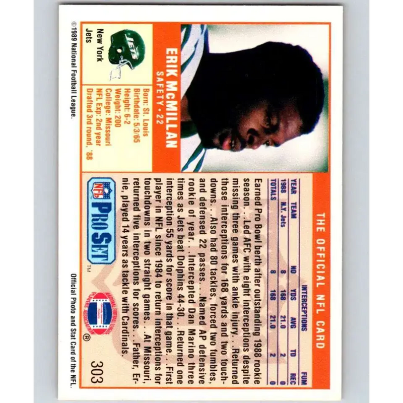 1989 Pro Set #303 Erik McMillan NM-MT RC Rookie New York Jets Football Card - Football Card Single