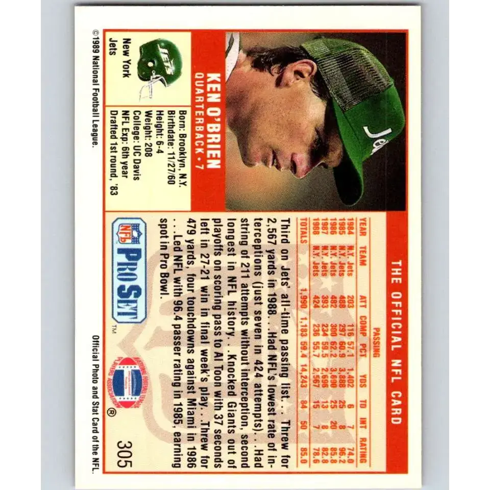1989 Pro Set #305 Ken O’Brien NM-MT New York Jets Football Card