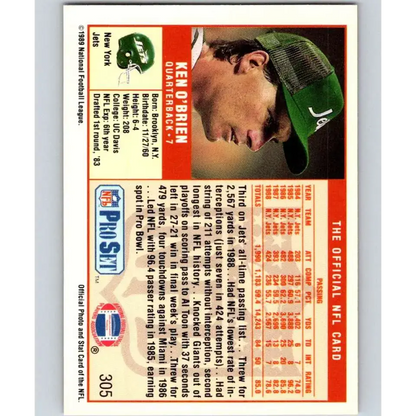 1989 Pro Set #305 Ken O’Brien NM-MT New York Jets Football Card