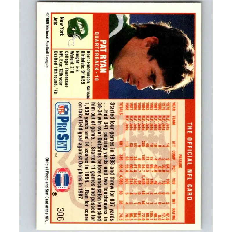 1989 Pro Set #306 Pat Ryan NM-MT New York Jets Football Card - Football Card Single
