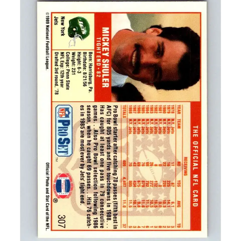 1989 Pro Set #307 Mickey Shuler NM-MT New York Jets Football Card - Football Card Single