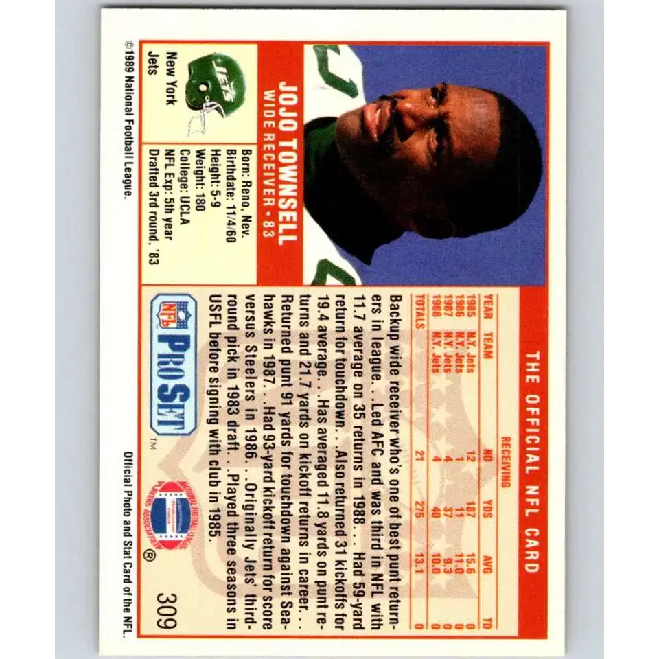 1989 Pro Set #309 Jo Jo Townsell NM-MT New York Jets Football Card - Football Card Single
