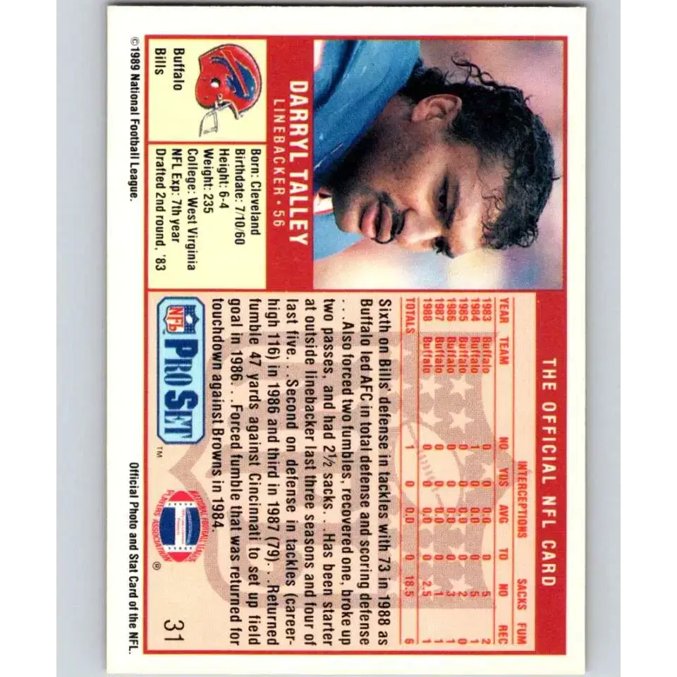 1989 Pro Set #31 Darryl Talley NM-MT Buffalo Bills Football Card - Football Card Single